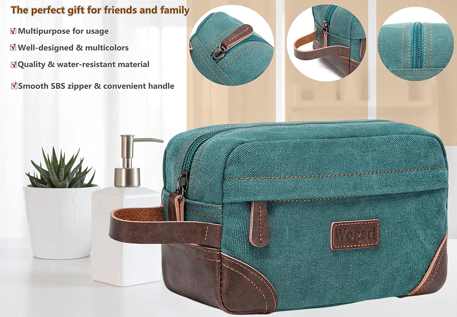 Wogarl Toiletry Bag for Men， Leather and Canvas Travel Toiletry Bag Dopp Kit Shaving Bag for Travel Accessories (Army Green) - Image 6